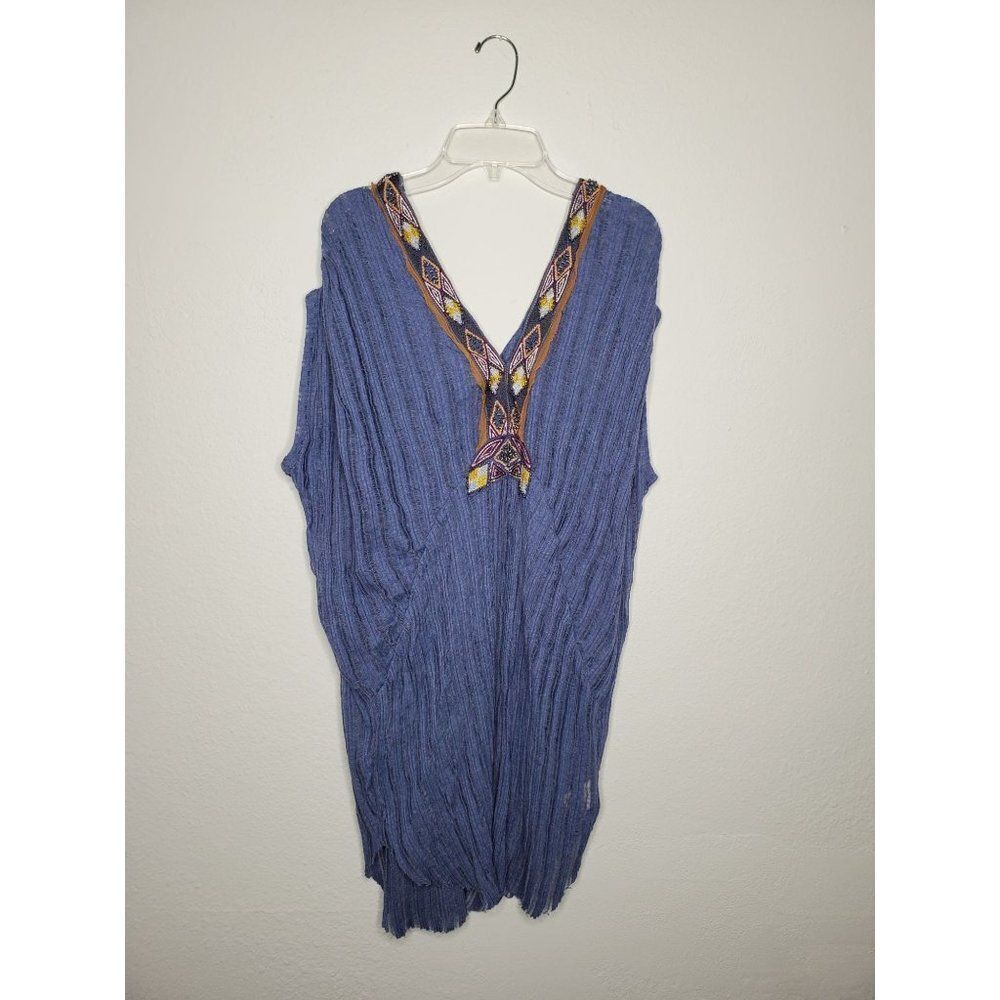 FREE PEOPLE blue sleeveless tunic with beaded V neck size M